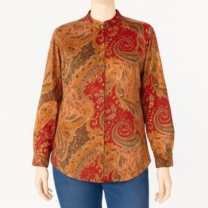 Soft Surroundings Shirt Orange Montaigne Paisley Velour Button Down Tunic Small